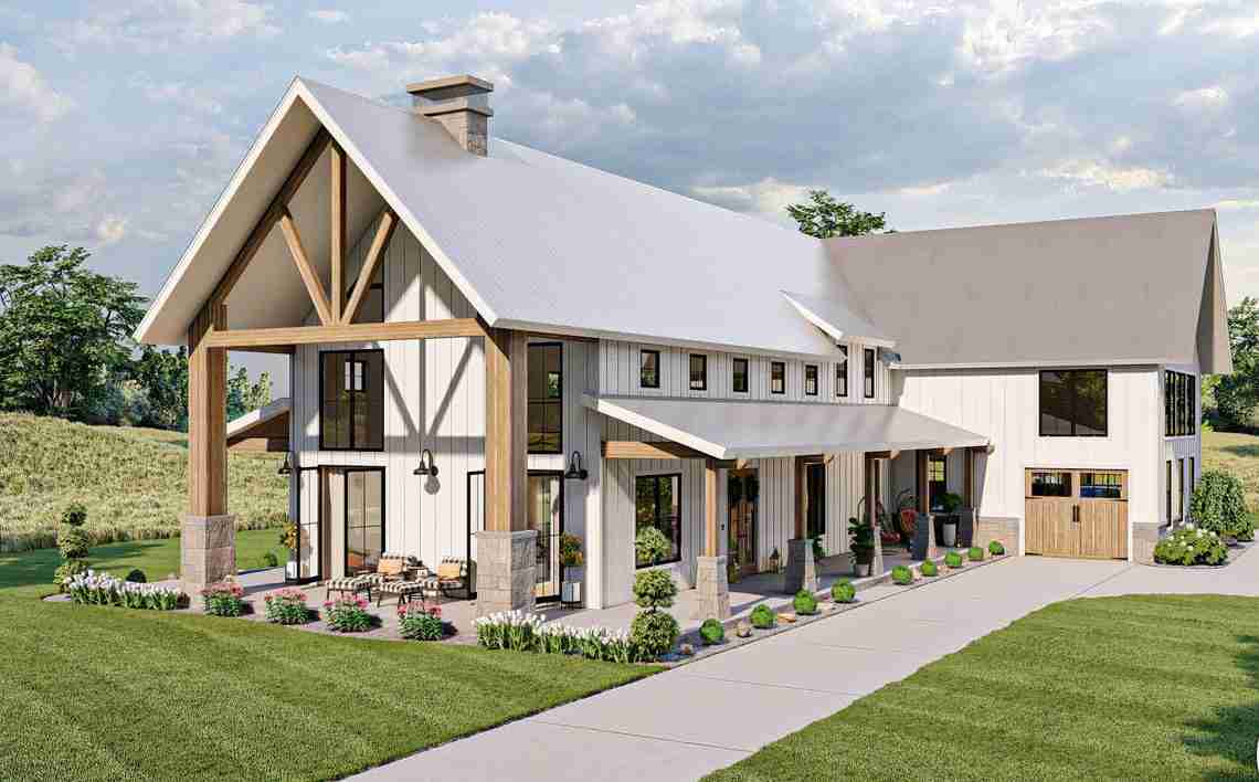 two story barndominium house plan with white exterior and large covered porch space.