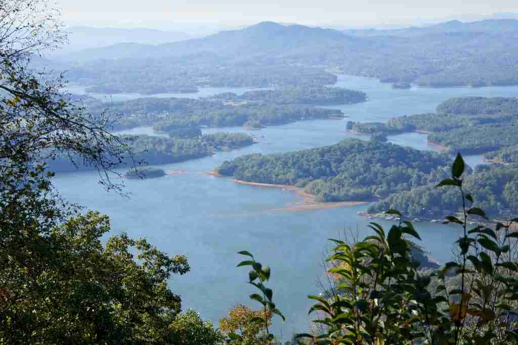 View on Lake Chatuge from Bell mountain. Hiawasse, Georgia, USA. On Bell mountain the rock are covered with spray paint.