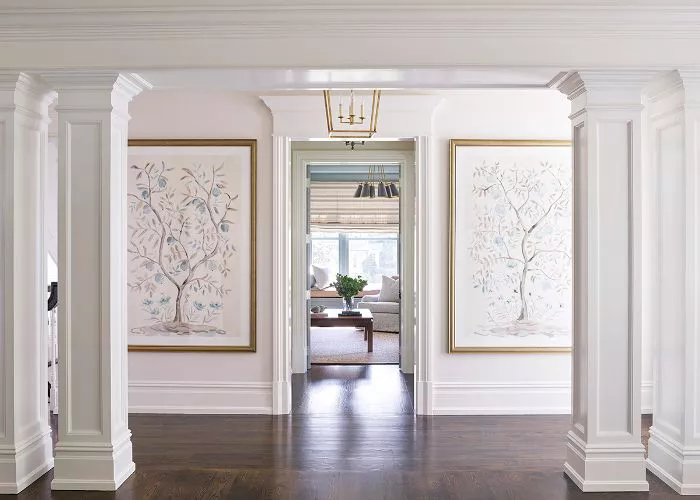 modern traditional foyer with white walls, arched columns, and dark floors