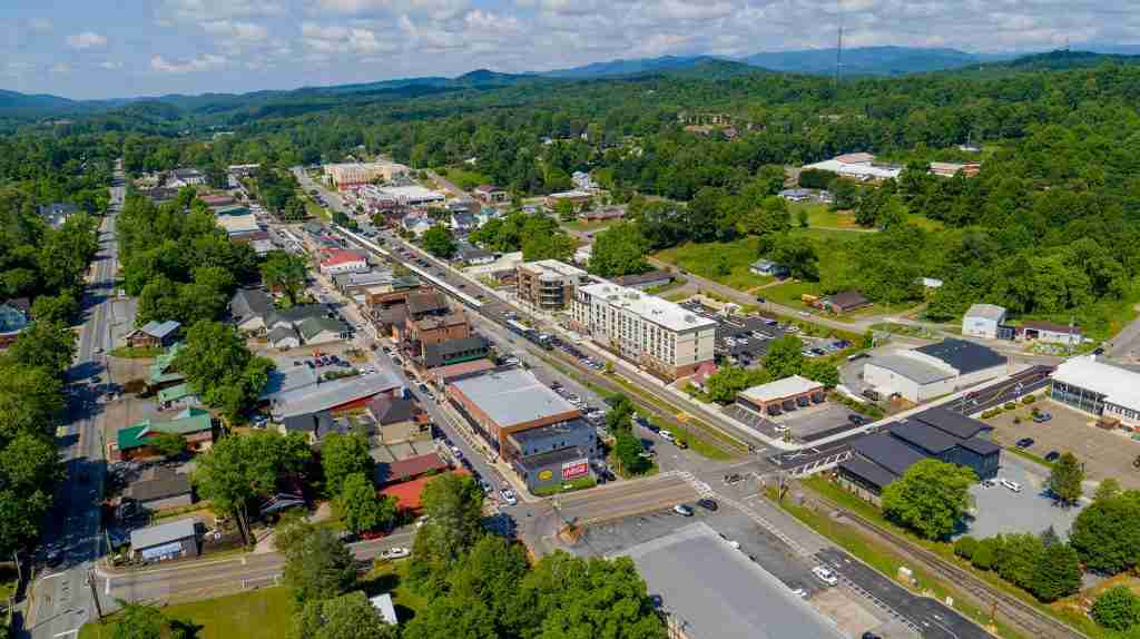 Aerial shot of historic downtown Blue Ridge , Georgia